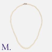 A Pearl Necklace in yellow gold and silver, comprising a single strand of drilled pearls