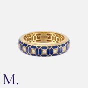 An Enamel and Diamond Ring in 18 carat yellow gold, of geometric design, decorated with blue