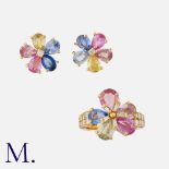 BULGARI. A Pair of 'Sapphire Flower' Earrings and Ring in 18 carat yellow gold, comprising a ring of