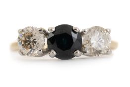 SAPPHIRE AND DIAMOND THREE STONE RING,
