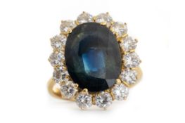 SAPPHIRE AND DIAMOND CLUSTER RING,