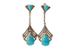 PAIR OF TURQUOISE AND DIAMOND DROP EARRINGS,