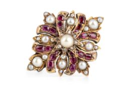 RUBY, DIAMOND AND PEARL BROOCH,
