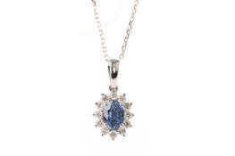 SAPPHIRE AND DIAMOND CLUSTER PENDANT,