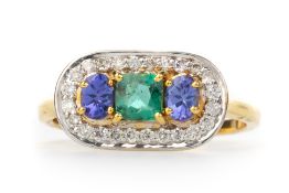 TANZANITE, EMERALD AND DIAMOND RING,
