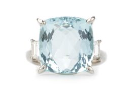 AQUAMARINE AND DIAMOND RING,