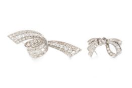 TWO DIAMOND SET RIBBON BROOCHES,