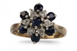 SAPPHIRE AND DIAMOND CLUSTER RING,