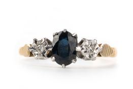 SAPPHIRE AND DIAMOND THREE STONE RING,