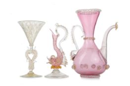 MURANO GLASS EWER, ALONG WITH A CORDIAL GLASS AND VESSEL