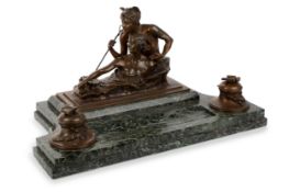 IMPRESSIVE FRENCH BRONZE AND MARBLE DESK INKSTAND, MID / LATE 19TH CENTURY