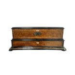 LARGE SWISS CYLINDER BURR WALNUT, ROSEWOOD AND EBONISED TWIN HANDLED MUSIC BOX, 19TH CENTURY