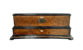 LARGE SWISS CYLINDER BURR WALNUT, ROSEWOOD AND EBONISED TWIN HANDLED MUSIC BOX, 19TH CENTURY
