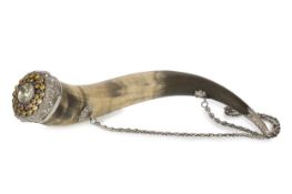 IMPRESSIVE AND RARE SCOTTISH SILVER MOUNTED HORN SNUFF MULL, CIRCA 1836