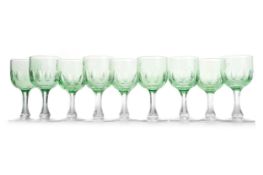 RARE SET OF NINE RED STAR LINE URANIUM GLASS WINE GLASSES, EARLY 20TH CENTURY