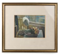 IRENE LESLIE MAIN, HAT AND FLOWERS IN THE STUDIO