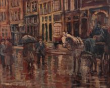 Signed 'GHB', A rainy day in Amsterdam with walkers and carriages. oil on board, 45 x 56 cm.