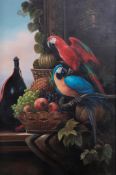 Dutch School, 20th century, after an older example, Parrots in an interior, oil on panel, 93 x 62 cm