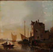 Dutch School late 19th C. A river view with ships at a fortified warehouse. Signed 'W.J."J. Nuyen',