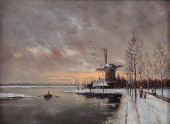 Dutch School, 20th century, Winter landscape with rower on a river by a windmill, travellers along a