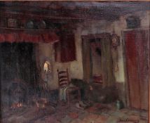 Johannes (Jos) Lussenburg (Enkhuizen 1889 - 1975 Nunspeet), Farmhouse interior with fireplace and bo