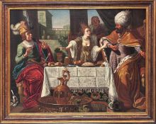 attributed to Jan Tengnagel, early 17th century, Ahasverus and Haman at Esther's banquet