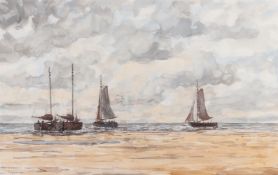 Jan Heppener (1826 - 1898) attributed to, Bomschuiten on the beach, signed (bottom right), watercolo