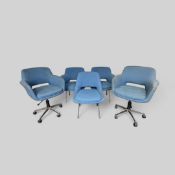 A lot consisting of (5) mid century modern chairs. All upholstered in blue fabric.