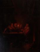 A small painting attributed to Culverhouse, Candlelit Inn Scene. Oil on panel. 37 x 30 cm.