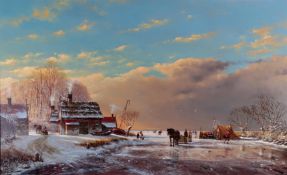 After Andreas Schelfhout (1787- 1870), Winter landscape with many figures on the ice. bears signatur