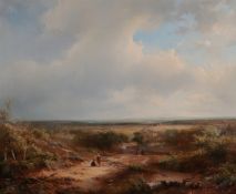 Dutch School 19th C., Panoramic landscape with walkers in the foreground, a town in t
