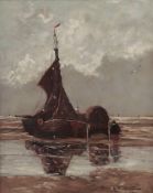 Bears signature 'GM Munthe", Fishermen at a beached fishing boat, oil on panel, 48 x 37 cm.