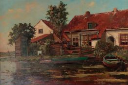 Dutch School, 20th century, Ferry crossing "Here one gets over" (in Dutch), signed illegibly (bottom