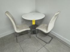 ROUND TABLE WITH (2) WHITE CHAIRS