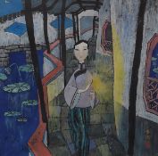 Chin. Künstler 2. H. 20. Jh. Sign. und Siegelmarke. Junge Frau am Ufer eines Teichs. Gouache/Papier