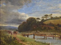 Thomas Creswick. 1811 Scheffield - 1869 London. Landschaft mit weidendem Vieh an Flußlauf mit Brück