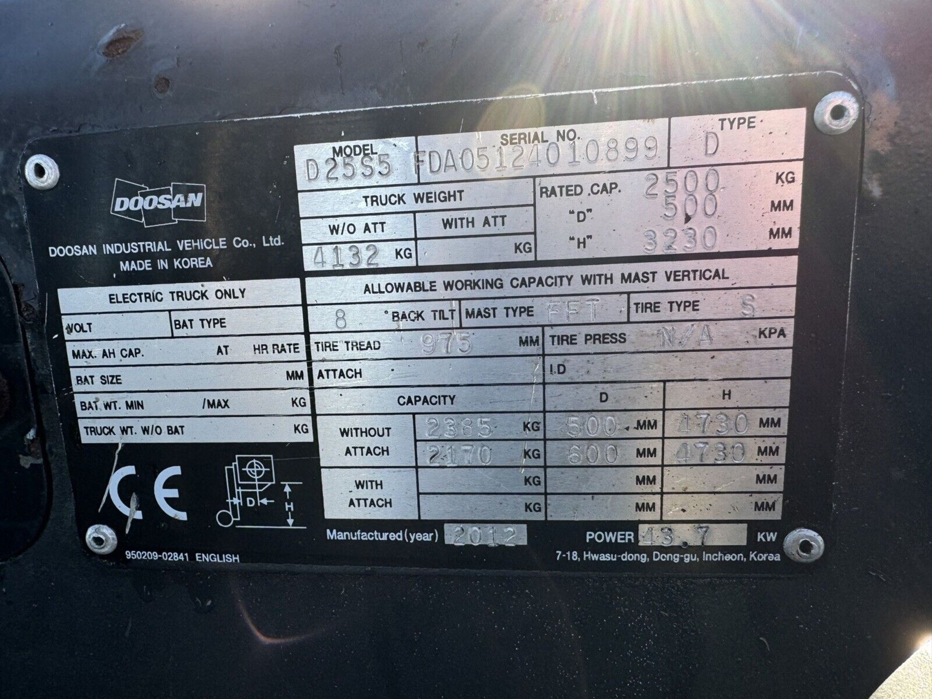 2012 Doosan D25S5 2.5 Tonne Diesel Forklift Truck Container Spec - Image 3 of 5