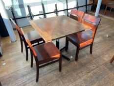 Brown Wooden Table With Metal Base And Four Wooden Chairs