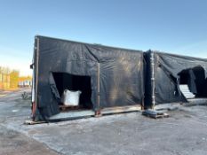 Pre Fab Temporary Shop Metal Girder Supports and Beams with a wooden floor and tarp walls T Shape