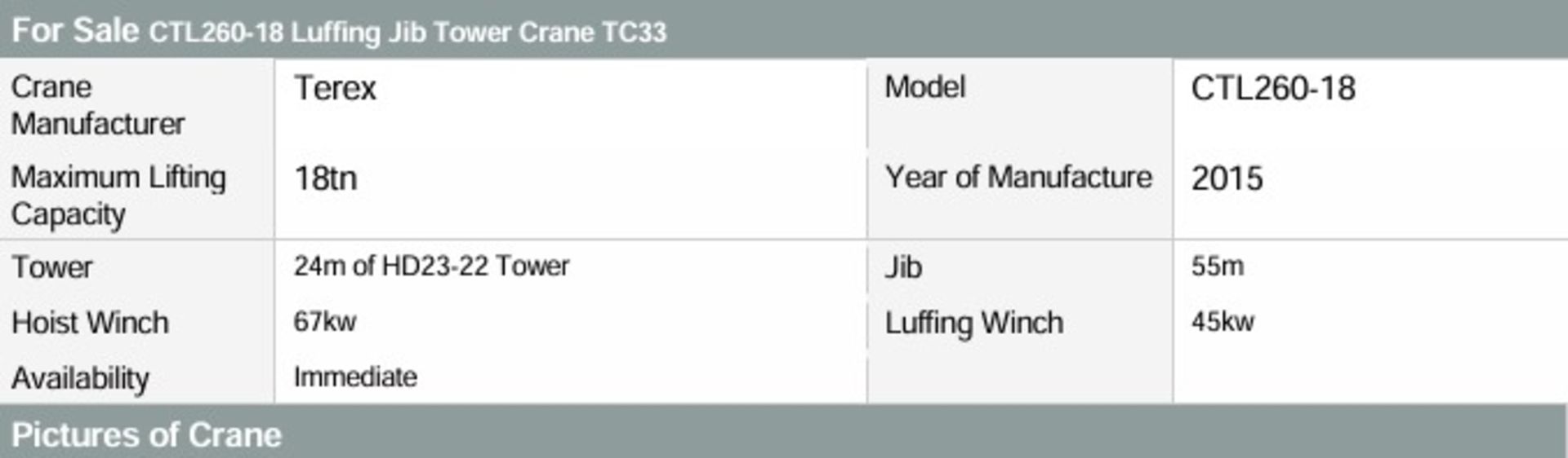 Terex CTL 260-18 Tower Crane 2015 Make: Terex Model: CTL 260-18 Year: 2015 Location-Buckland, SG9 - Image 14 of 18