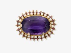 Brosche mit großem Amethyst, Zuchtperlen und kleinen Rubinen