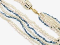 7-strängiges Biwa-Perlen-Collier mit 2 blauen Strängen