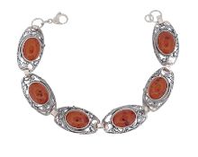 Silber Armband mit 6 Bernstein Cabochons, Sterlingsilber 925/- , Länge 21,0cm, Gewicht 26,5 Gramm,