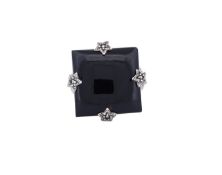 Onyx Ring mit Markasiten, Sterlingsilber 925/- , Ringgröße 66, Gewicht 11,7 Gramm, Kopfmaße 20 x 20