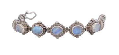 Armband mit 5 ovale Mondsteine in Cabochonformen, Silber 925/- für Sterlingsilber, Verschluss fehlt