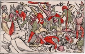 The arms of Moses sustained by Aaron and Hur - Koberger Bible, 1483