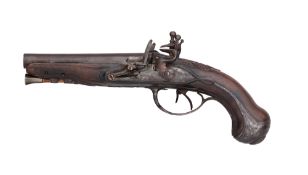 A FRENCH 40 BORE FLINTLOCK D.B. TRAVELLING PISTOL, MID-18TH CENTURY