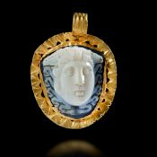 A LARGE CAMEO OF MEDUSA MOUNTED IN A GOLD FRAME, 3RD CENTURY AD