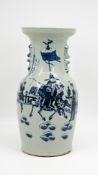 A Chinese blue on celadon decorated porcelain vase with a figurative warrior scene