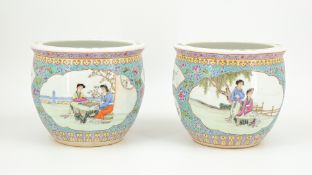 A lot of two Chinese Republic Famille rose decorated and glazed porcelain fish bowls